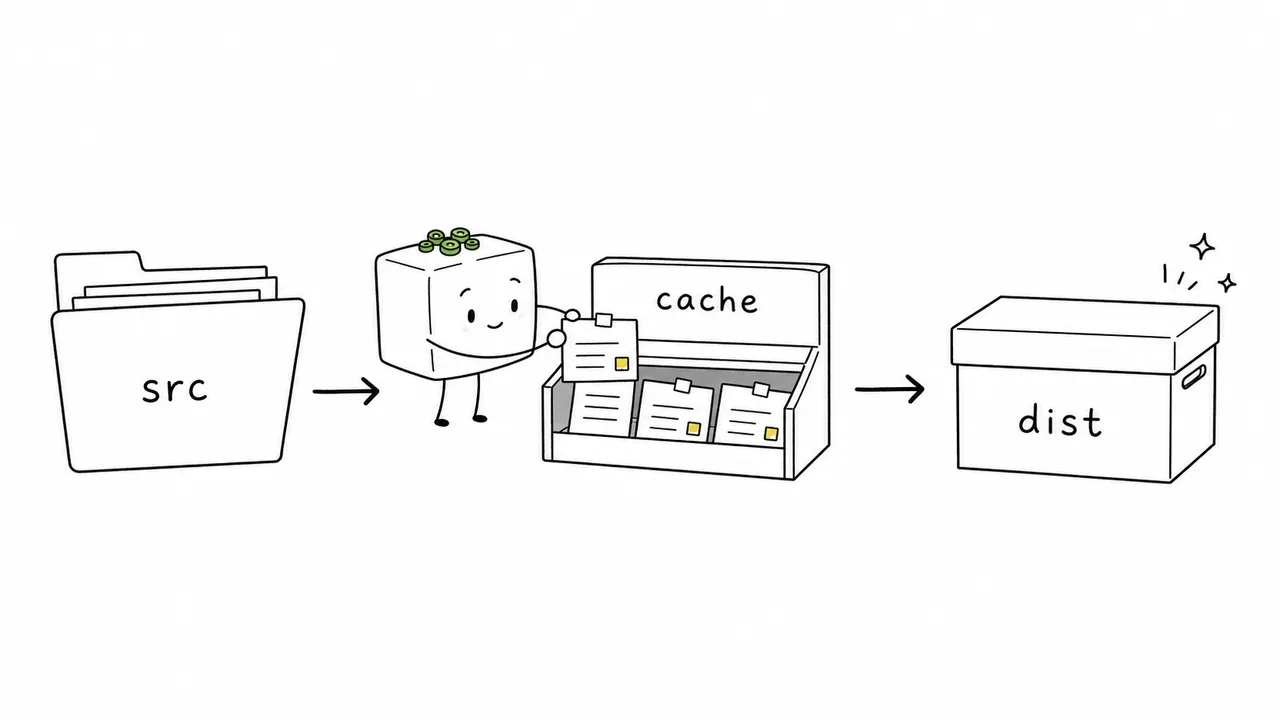 A diagram showing the flow from src through cache to dist, with Hiyao placing notes along the way