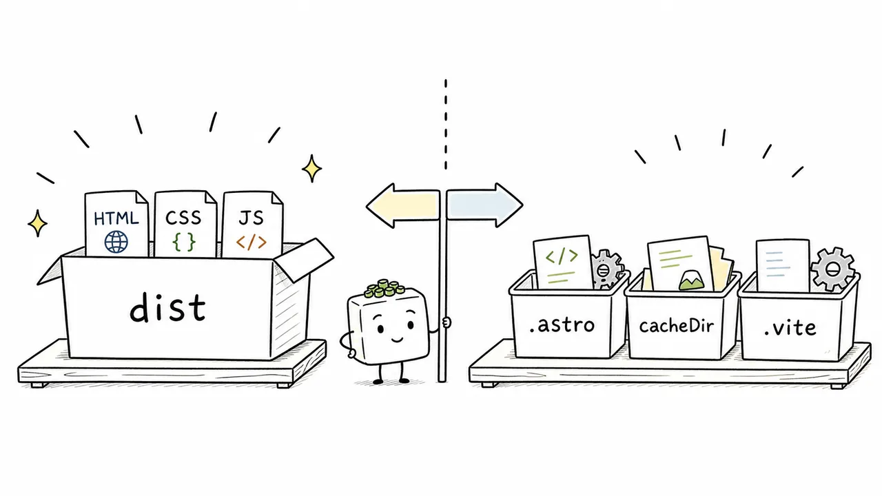 A diagram separating dist as delivery files from .astro, cacheDir, and .vite as development and build working data
