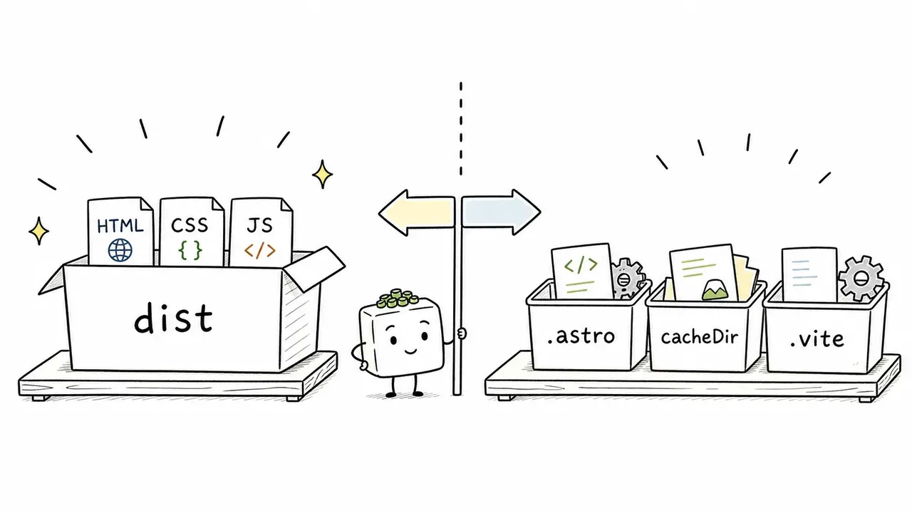 distは配信用ファイル、.astroやcacheDirや.viteは開発やビルドの作業用データとして分けて整理した図