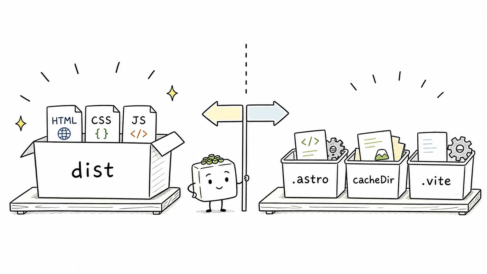 distは配信用ファイル、.astroやcacheDirや.viteは開発やビルドの作業用データとして分けて整理した図